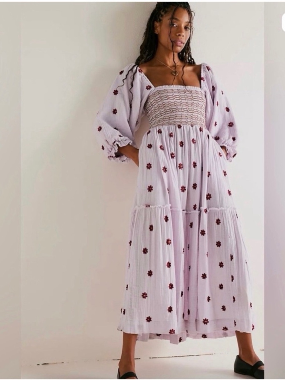 Free People Dahlia smocked top balloon sleeve daisy embroidered tiered dress M